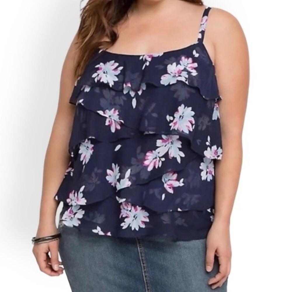 Torrid Navy Floral Chiffon Layered Ruffle Cami Top